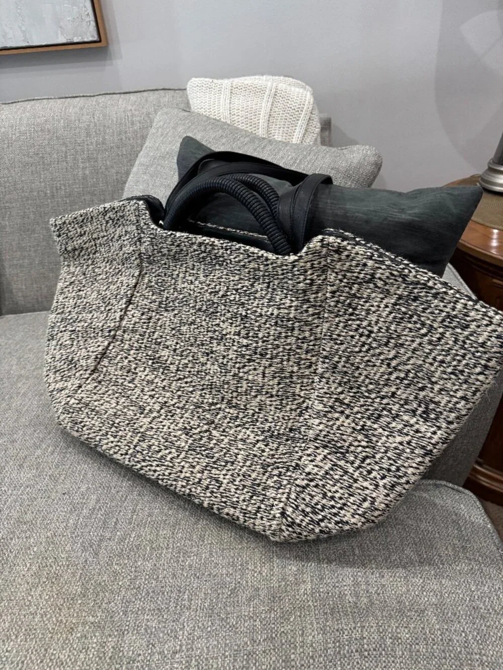Cuyana Raffia Woven Tote Black White Leather Trim Large Quiet Luxury Beach Bag